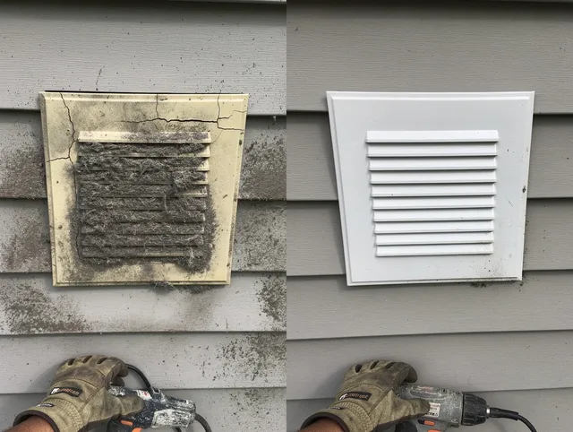 Green Dryer Vent Cleaning technician installing high-quality dryer vent cover at a residential property in Green