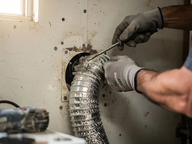 Green Dryer Vent Cleaning technician performing precise dryer vent hose installation in Green